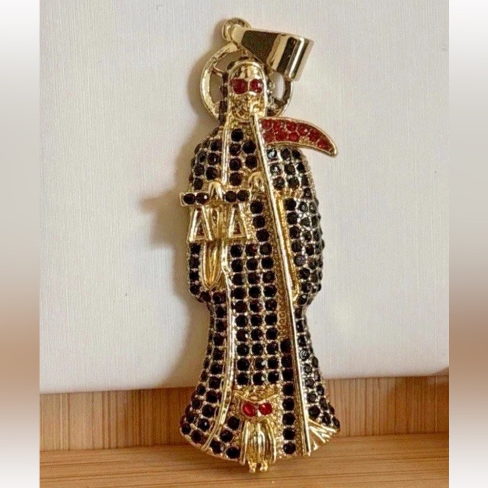 Gold Plated Grim Reaper Santa Muerte Large Pendant Black Red Crystal Gothic - Picture 5 of 10